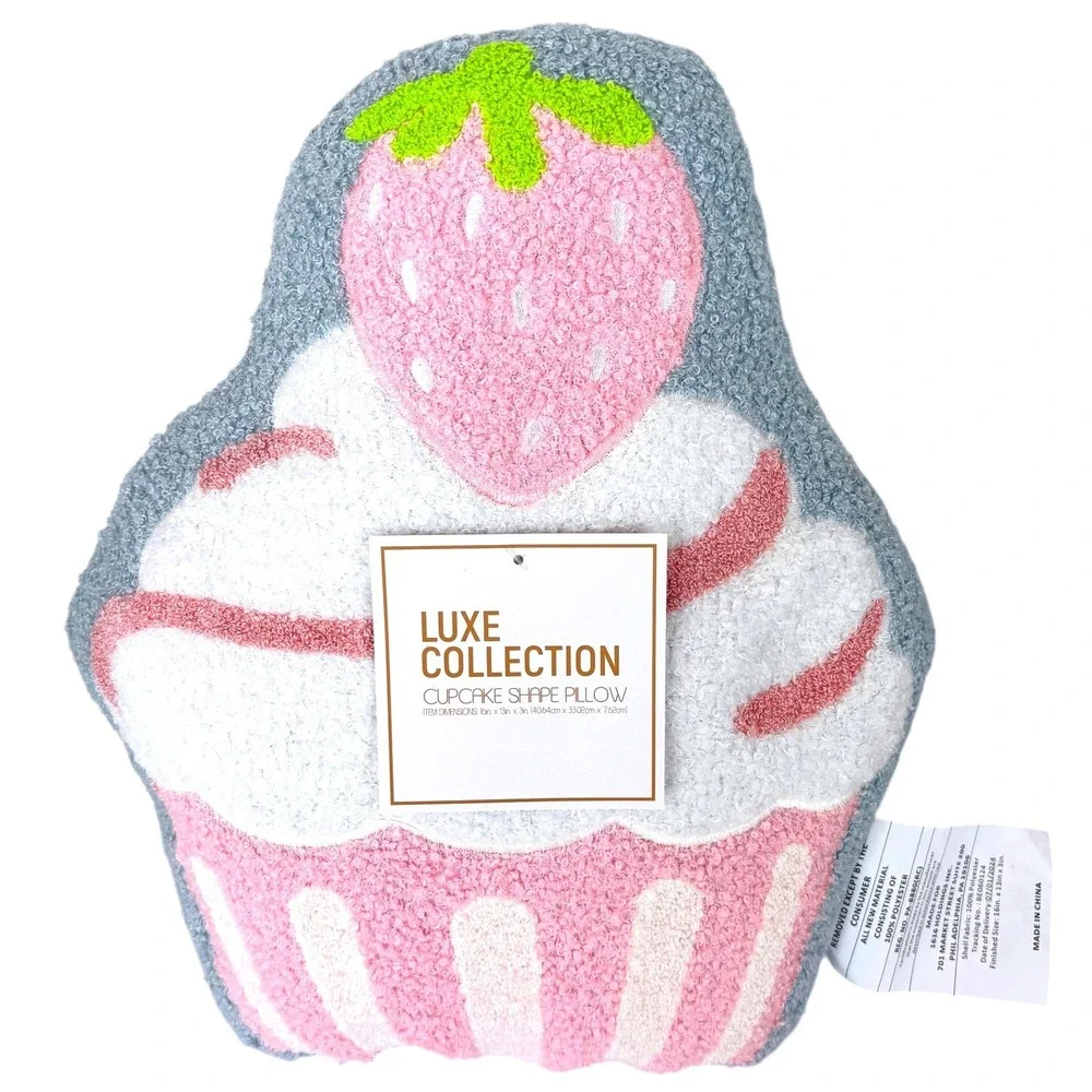 Luxe Collection Strawberry Cupcake Boucle Pillow Kawaii Tween Whimsy Pastel NWT